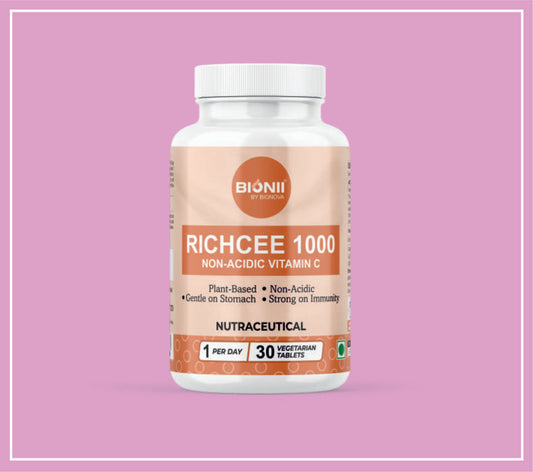 RICHCEE-1000 TABS 30's (Vitamin C*-1000 mg *Sourced from a blend of potent Indian herbs: Amla (Indian Gooseberry) Extract, Kakkar (Rose Hips) Powder, Haritaki (Terminalia chebula), Bibhitaki (Terminalia bellirica) & Sodium Ascorbate (60 mg)) by Bionova
