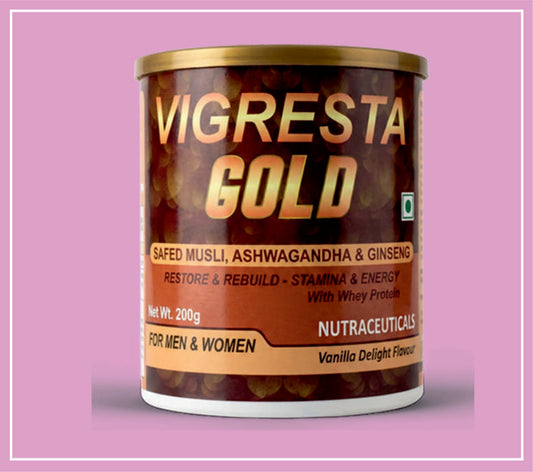 VIGRESTA GOLD (VANILA) 200 g (Protein with Herbal Extracts (Safed Musli, Ashwagandha, Ginseng).) by Bionova