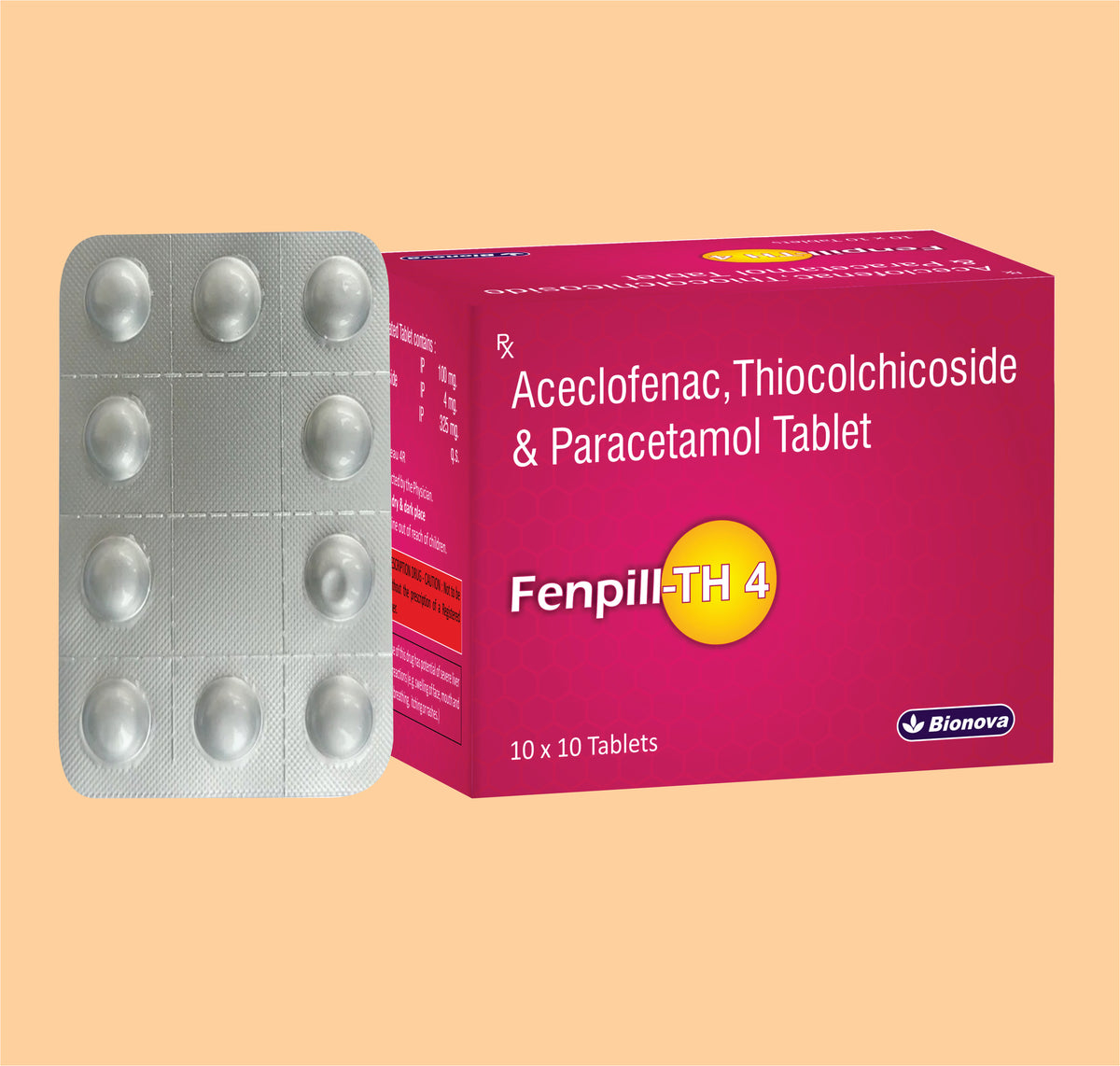 Fenpill-Th 4 Tabs (10X10'S)Aceclofenac 100 Mg, Paracetamol 325 Mg, Thiocolchicoside 4 Mg Tab By Bionova