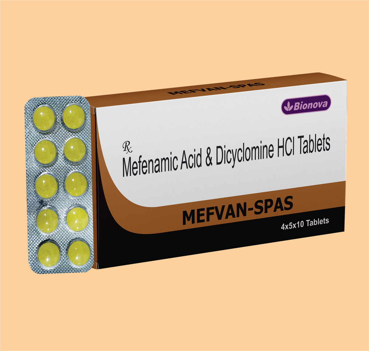Mefvan Spas Tabs (4X5X10'S)Mefenamic Acid 250 Mg, Dicyclomine 10 Mg Tab By Bionova