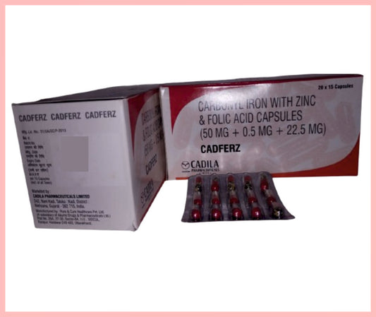 CADFERZ 15 C ( Elemental Iron 50 mg in form of Carbonil Iron + Zinc Sulphate Mono hydrate USP 61.8 mg (eq to elemental Zinc 22.5 mg) + Folic Acid 0.5 mg (Tranperant Capsule + multi color granules) ) by Cadila