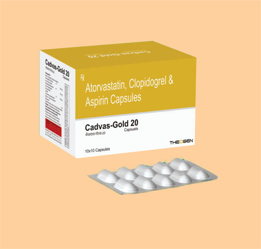 CADVAS GOLD 20-CAP (10X10) Atorvastatin 20 mg   + Aspirin75 mg + Clopidogrel 75mg capsules by Theon