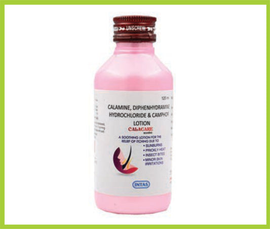 CALACARE 125 ML ( Calamine 8% w/v, Diphenhydramine Hydrochloride 1 %, Camphar0 0.1% ) by Intas