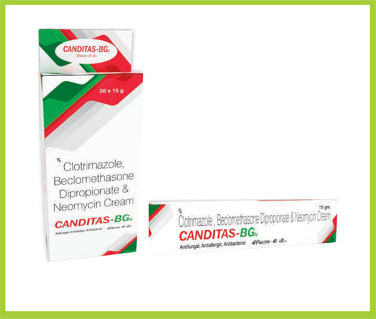 CANDITAS BGN 15 GM (COMBO ( Clotrimazole 1%+Beclomethasone Dipropionate IP0.025% w/w + Neomycin
Sulphate IP eg Neomycin 0.5% + Cholorocresol IP 0.1%. ) by Intas