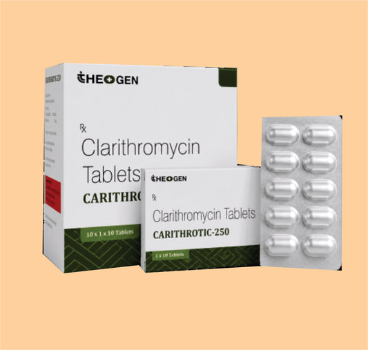 CARITHROTIC-250 (10x1x10) Each film coated tablet contain :-Clarithromycin 250mg by Theon
