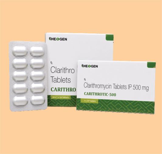 CARITHROTIC-500 (10x1x10) Each film coated tablet contain :-Clarithromycin 500mg by Theon