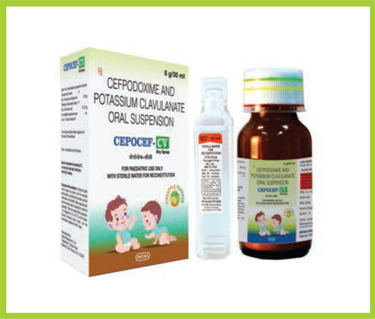 CEPOCEF –CV DRY SYP 30 ML ( Each 5 ml contains Cefpodoxime Proxetil –  50mg + Potassium clavulanate 28.5mg  ) by Intas