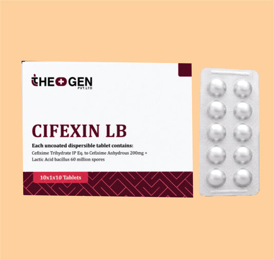 CIFEXIN LB (10X1X10) (10x1x10 ) Each uncoated dispersible tablet contains: Cefixime Trihydrate IP Eq. to Cefixime Anhydrous 200mg + Lactic Acid bacillus 60 million spores by Theon