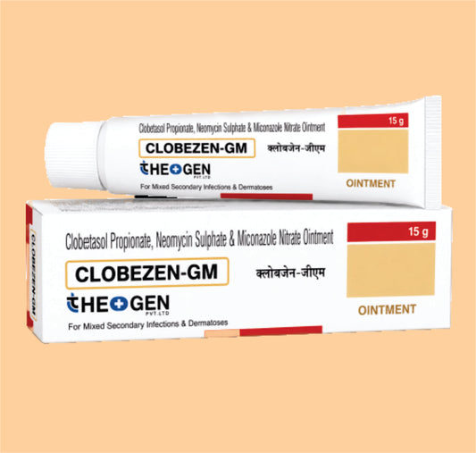 CLOBEZEN-GM OINT (10GM) Clobetasol Propionate IP 0.05% w/w + Miconazole nitrate IP 2.0% w/w + Neomycin sulphate IP 0.5% w/w by Theon