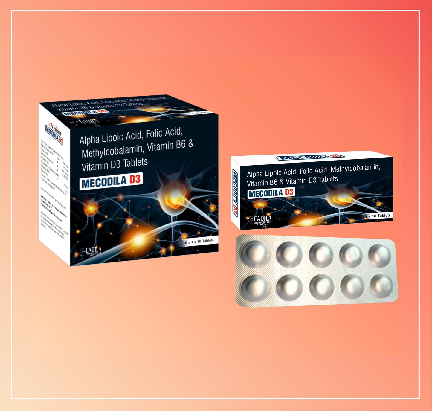 MECODILA D3 TAB 10X10 T (10X10 T) Alpha Lipoic Acid, Folic Acid, Methylcobalamin, Vit B6 and Vit D3 Tab