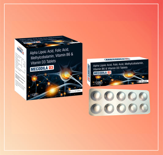 MECODILA D3 TAB 10X10 T (10X10 T) Alpha Lipoic Acid, Folic Acid, Methylcobalamin, Vit B6 and Vit D3 Tab