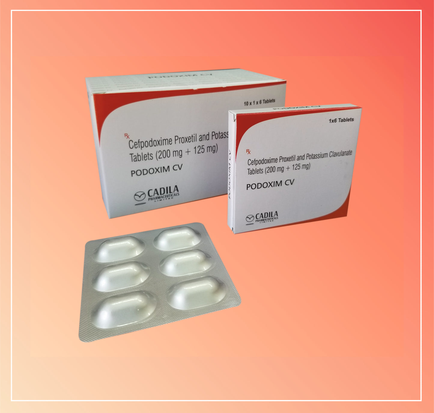 PODOXIM CV 6 TAB (10x1x6 T) Cefpodoxime 200 mg & Potassium Clavulanate 125 mg (Alu-Alu)