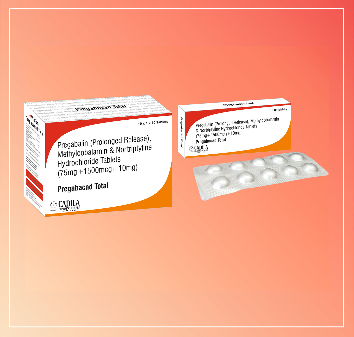 PREGABACAD TOTAL TAB 10X10 T (10x10 T) Pregabalin 75mg Sustained Release + Mecobalamin 1500 mcg + Nortriptyline 10mg  Tablets