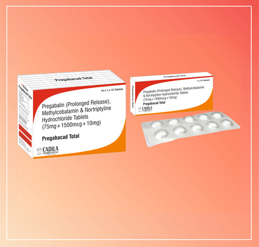 PREGABACAD TOTAL TAB 10X10 T (10x10 T) Pregabalin 75mg Sustained Release + Mecobalamin 1500 mcg + Nortriptyline 10mg  Tablets