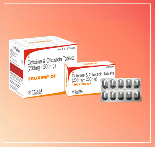 TRUXIME OF TAB (10X10T) Cefixime 200 mg + Ofloxacin 200 mg by Cadila