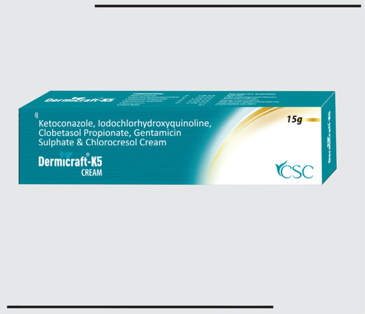 Dermicraft -K5 (15gm) Ketoconazole IP 2.0% + IDHQ1.0% + Gentamycin Sulphate0.10% +   Clobetasole Propionate 0.05% Cream by CSC