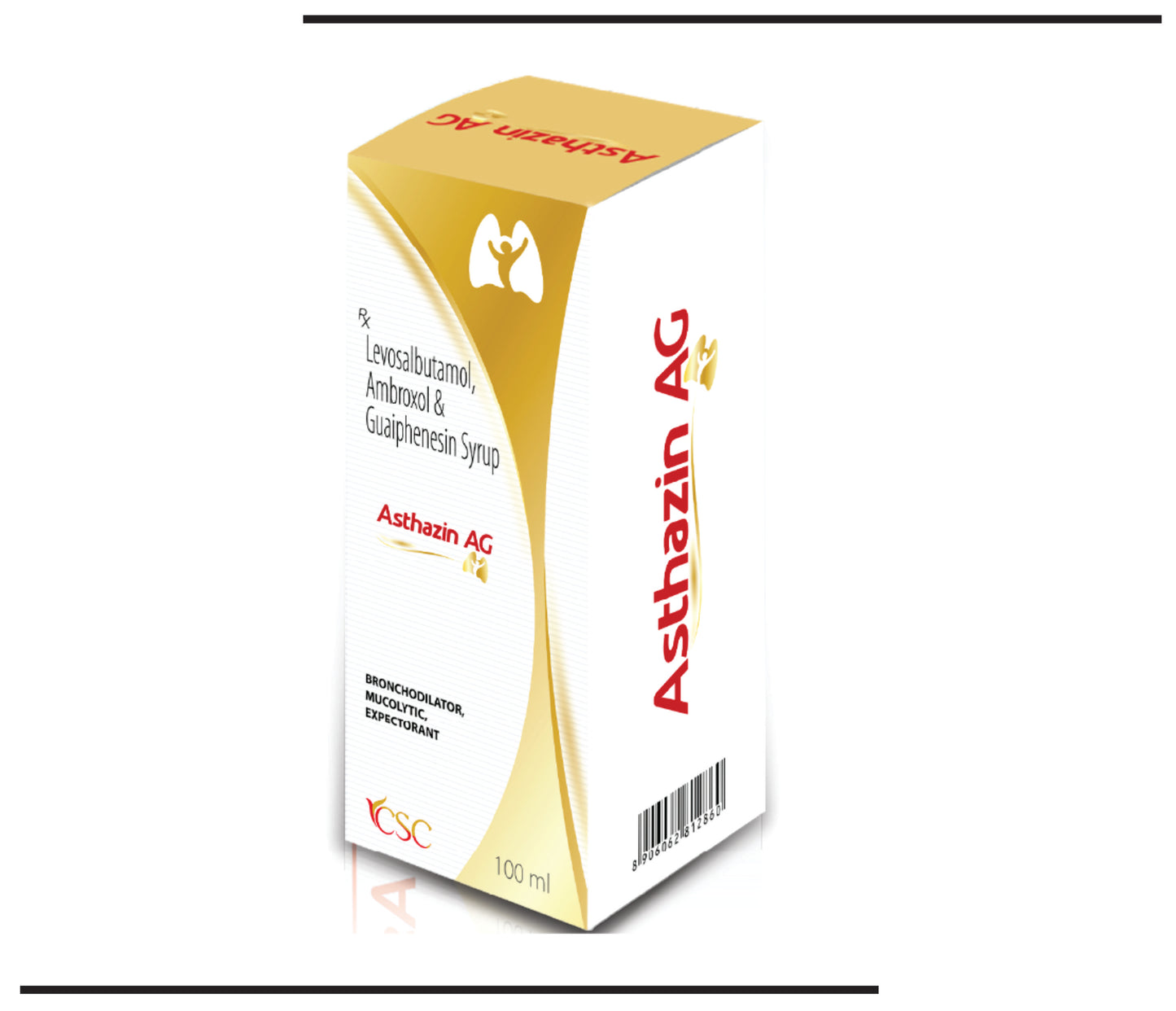 Asthazin AG(100ml )Levosulbutamol 1 mg + Ambroxol Hydrochloride 30 mg & Guaiphenesin 50 mg by CSC