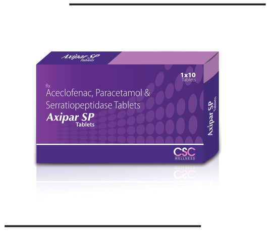 Axipar SP  10x1x10 (Aceclofenac 100mg + Para. 325mg + Serratiopeptidase 15mg ) by CSC