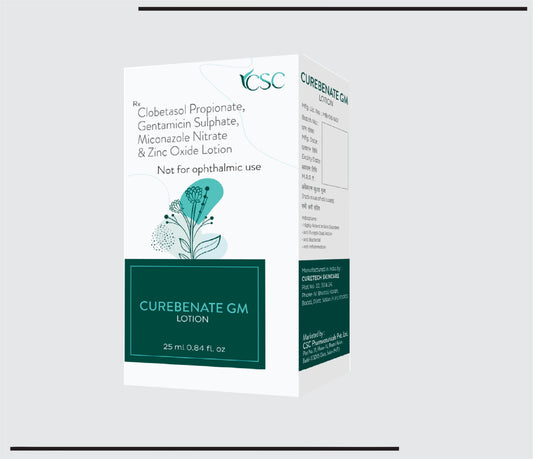 Curebenate GM Lotion (25ml) Clobetasole Propionate 0.025% w/v + Miconazole Nitrate 2.0% w/v + Gentamicin 0.1% w/v + Zinc Oxide 3.00% w/v Lotion by CSC