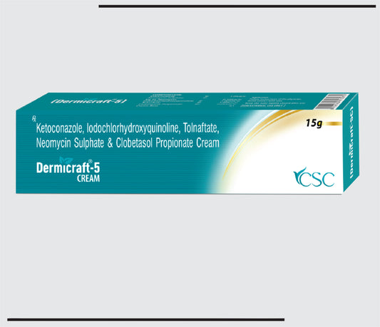 Dermicraft 5 (15gm) Ketoconazole 2.0% w/w + Iodochlorhydroxyquinoline 1.0% w/w + Neomycin 0.1% w/w + Tolnaftate 1.0% w/w + Clobetasole Propionate 0.05% w/w by CSC