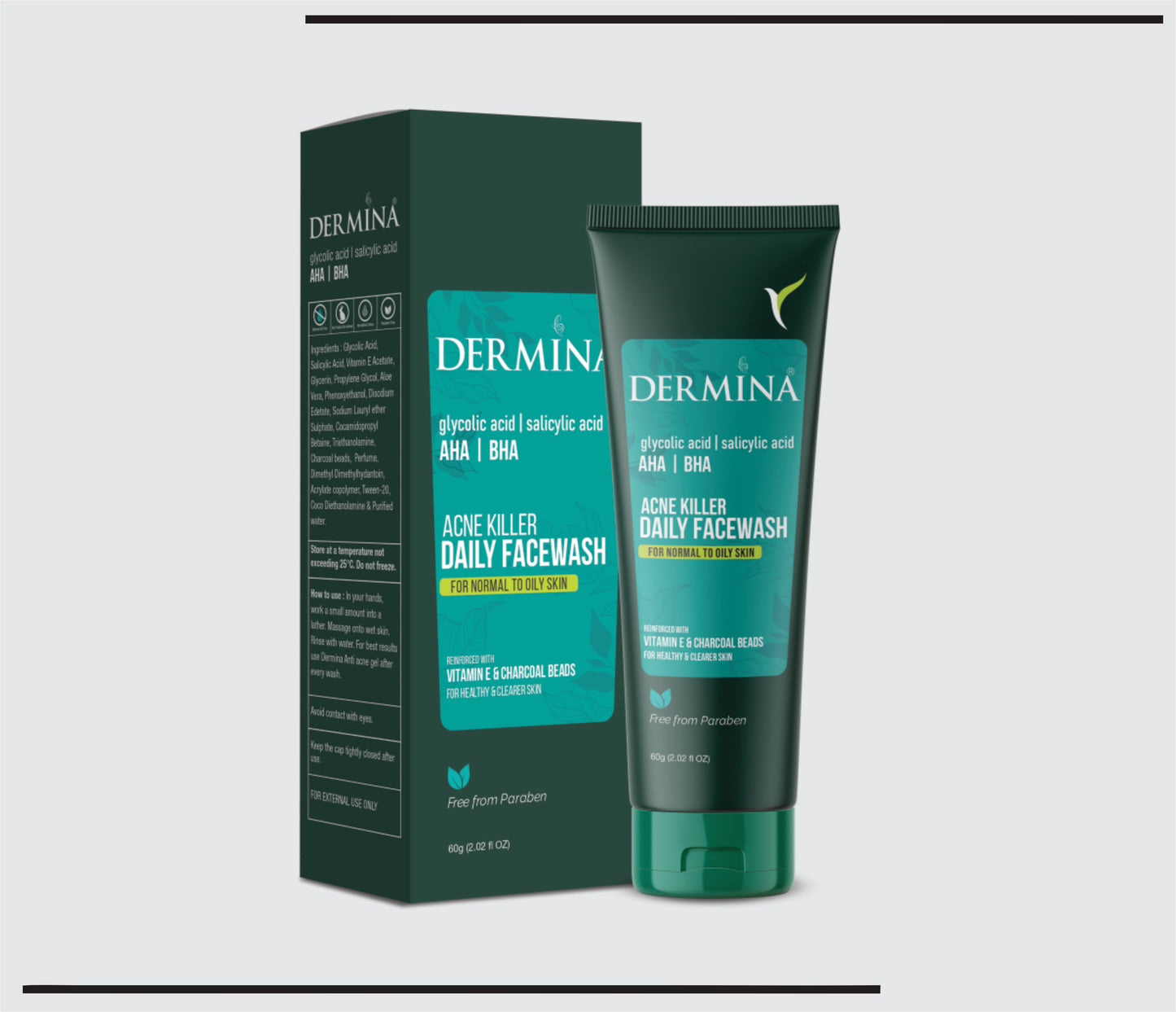 Dermina AHA BHA Acne Facewash 60gm (60g) Glycolic Acid + Salicylic Acid + Vitamin E Facewash by CSC