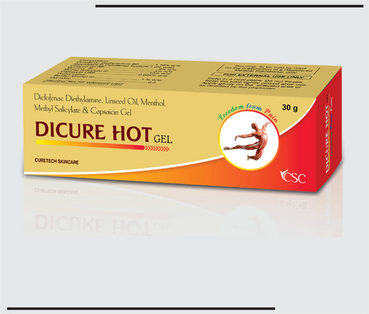 Dicure Hot Gel 30g (Diclofenac Sodium 1.00% w/w + Virgin Linseed Oil 3.00% w/w + Capsaicin 0.025% w/w +  Methyl Salicylate 10.00% w/w and Menthol 5.00% w/w) by CSC