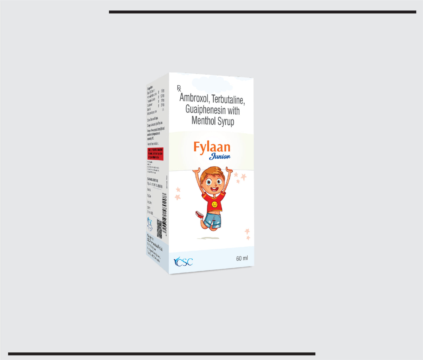 Fylaan Junior (60ml)Ambroxol Hydrochloride 15 mg + Guaiphenesin 50 mg + Terbutaline Sulphate 1.25 mg + Menthol 2.5 mg by CSC