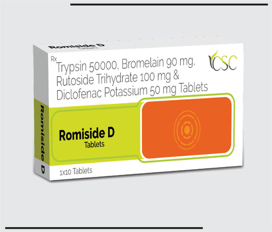 Romiside D  (10x1x10)Trypsin 48mg, Bromelain 90mg, Rutoside Trihydrate 100mg & Diclofenac Sodium 50mg by CSC