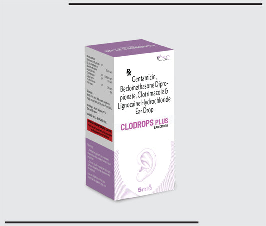 Clodrops Plus 5ml (Gentamicin 0.3% w/v, Beclomethasone Dipropionate 0.025% w/v, Clotrimazole 1% w/v & Lignocaine Hydrochloride 2% w/v) by CSC