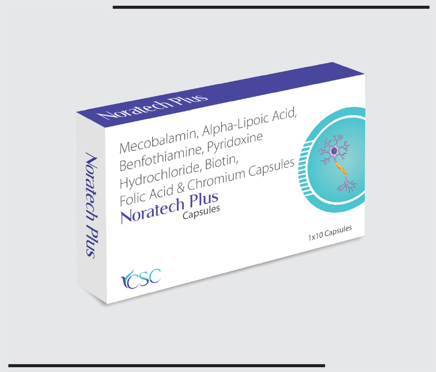 Noratech Plus  (10x1x10)Mecobalamin- 1500mcg+Vitamin B6 (pyridoxine)- 3mg+Folic Acid 1.5mg+Alpha Lipoic Acid- 100mg+Benfotiamine-50mg+Biotin-5mg+Chromium Picolnate-200mcg caps by CSC