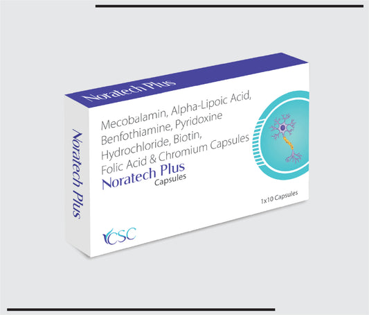 Noratech Plus  (10x1x10)Mecobalamin- 1500mcg+Vitamin B6 (pyridoxine)- 3mg+Folic Acid 1.5mg+Alpha Lipoic Acid- 100mg+Benfotiamine-50mg+Biotin-5mg+Chromium Picolnate-200mcg caps by CSC