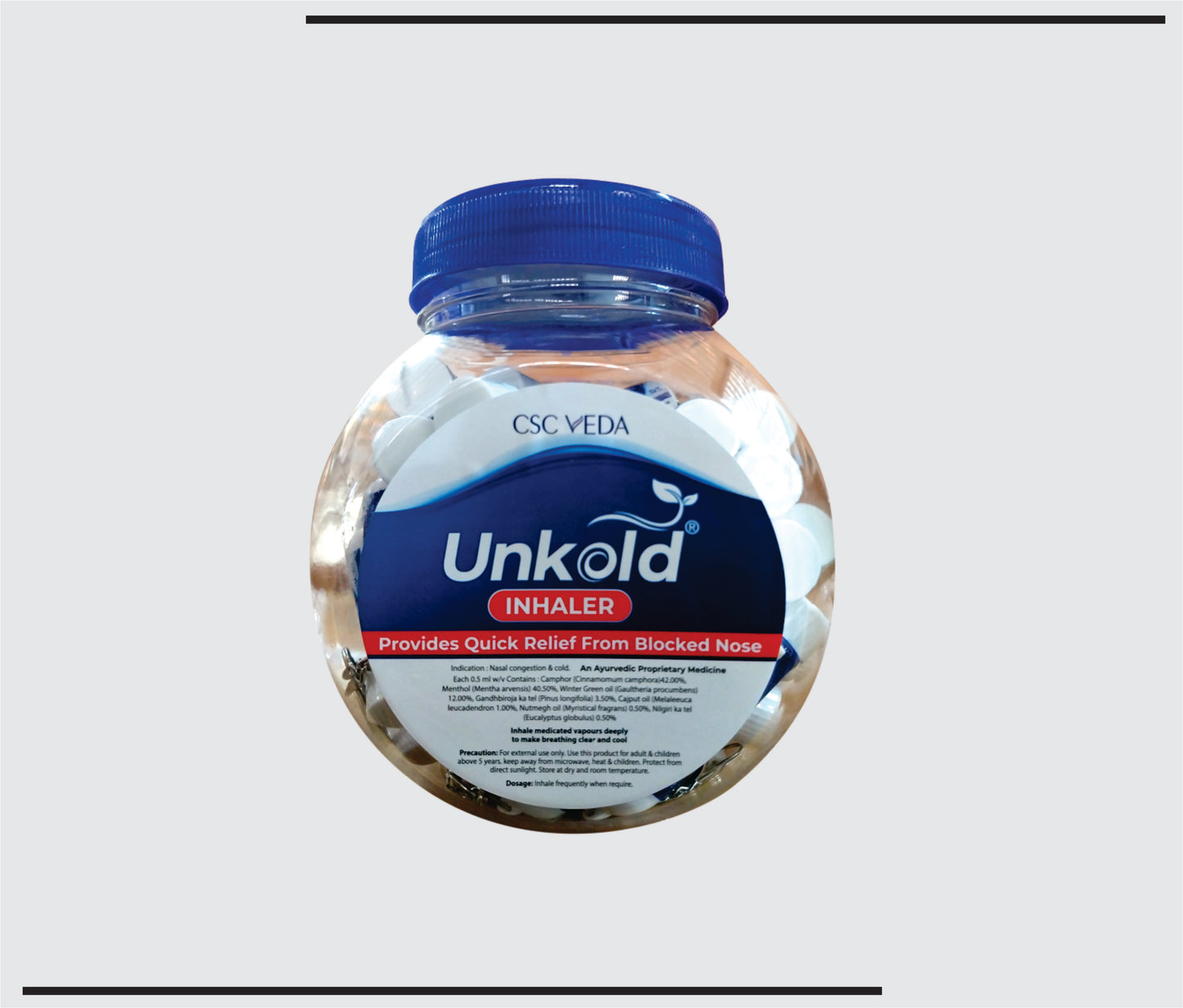 Unkold  Inhaler (5 ml )amphor 42.00%,Menthol 40.50% winter Green Oil 12.00%, Gandhbiroja Ka tel 3.5%,Cajput Oil 1.00%,Nutmegh Oil 0.50%, Nilgiri Tel 0.50% by CSC