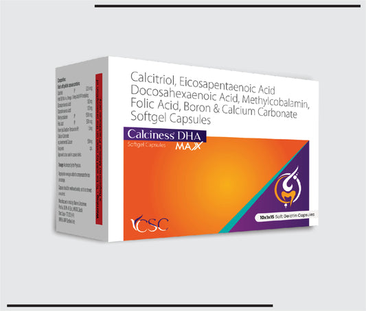 Calciness DHA Max  (10x1x15)Calcitriol 0.25 mcg +Fish Oil rich in Omega 3 Fatty Acid + Eicosapentaenoic Acid 180 mg + Docosahexaenoic Acid 120 mg + Methylocobalamin 1500 mcg + Folic Acid 500 mcg + Boron 1.5 mg & Calcium Carbonate 500 mg by CSC