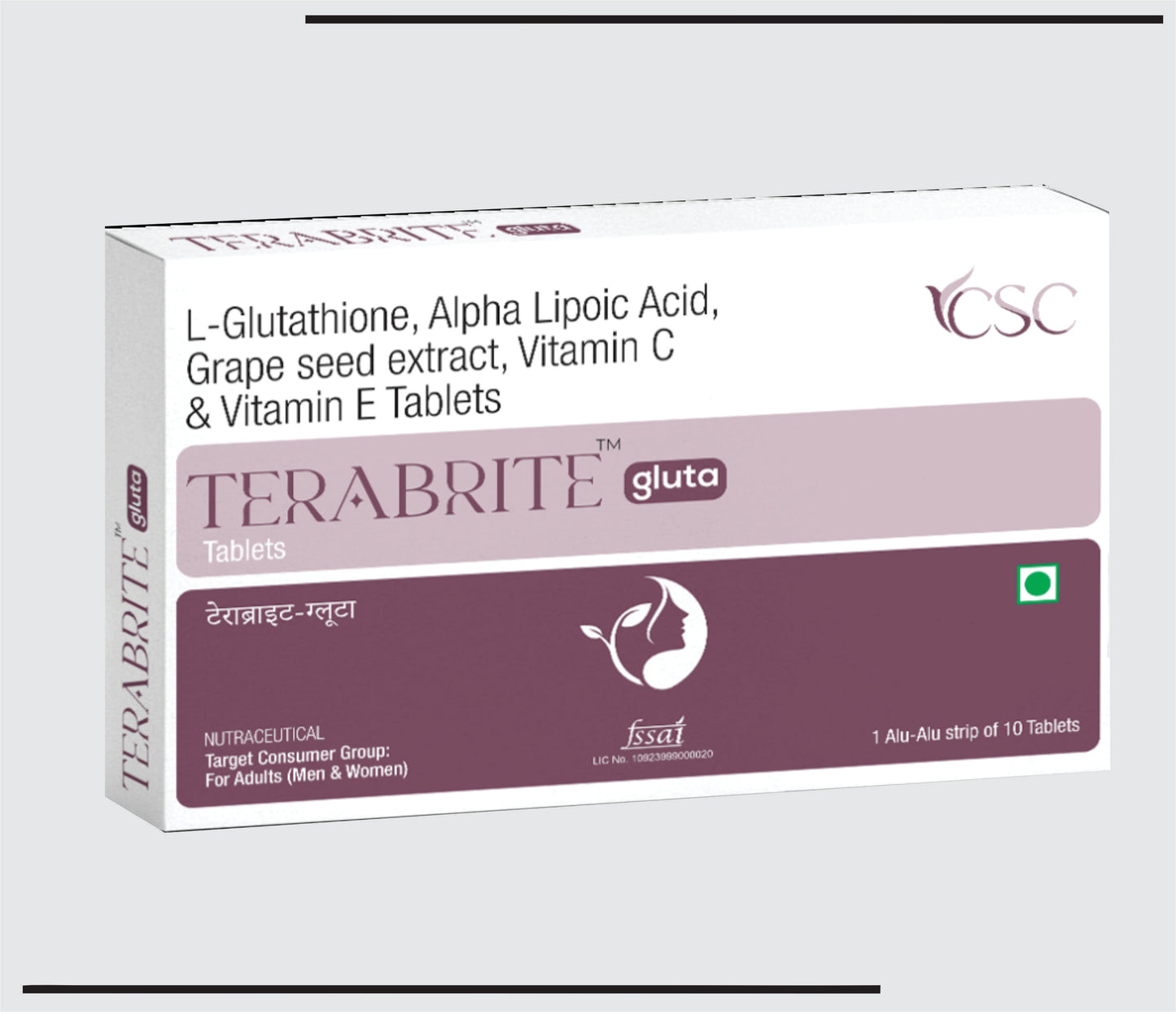 Terabrite Gluta  (10x1x10 ) L-Glutathione 500 mg+Alpha Lipoic Acid 50mg+Grape Seed Extract 50 mg+Vit. C 40mg +Vit.E 10mg  by CSC1