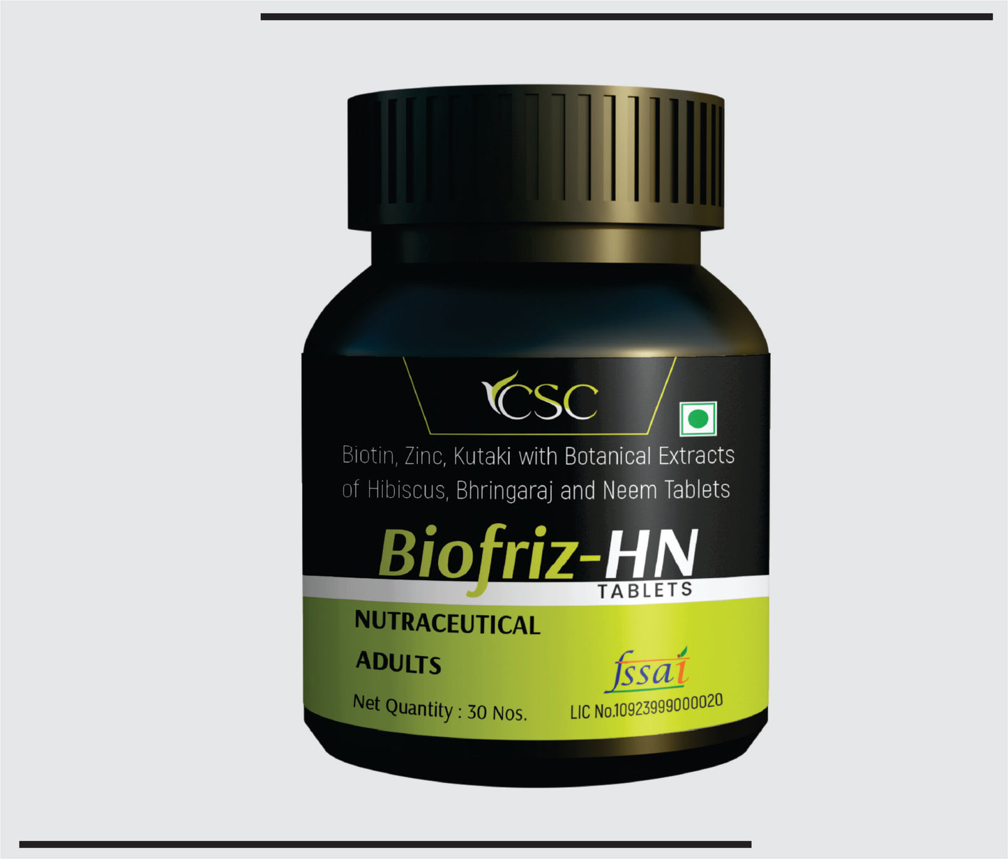 Biofriz HN  (1x30)Zinc 13.2 mg + Biotin 40mcg + Hibiscus flower Extract 100 mg + Bhringraj Extract 100mg + Kutaki Extract 50mg + Neem fruit Extract 50 mg + Neem leaf Extract 50 mg by CSC