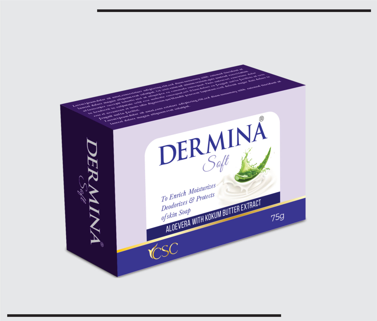 Dermina Soft Soap  (75g) Sodium Palmate, sodium Palm Kernelate, Aqua, Aloevera Ext., Olive Oil, Glycerine,Tea Tree Oil, Kokum Butter, Titanium Dioxide, Perfume, Disodium EDTA, Butylated Hydroxytoluene. by CSC