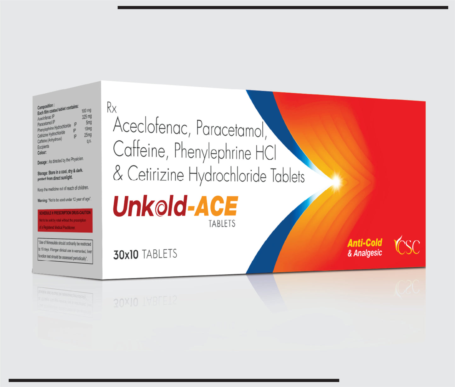 Unkold Ace (30x10)Aceclofenac 100mg + Paracetamol 325mg +Phenylepherine Hydrochloride 5 mg +Cetirizine Hydrochloride 10mg+Caffeine 25 mg  by CSC