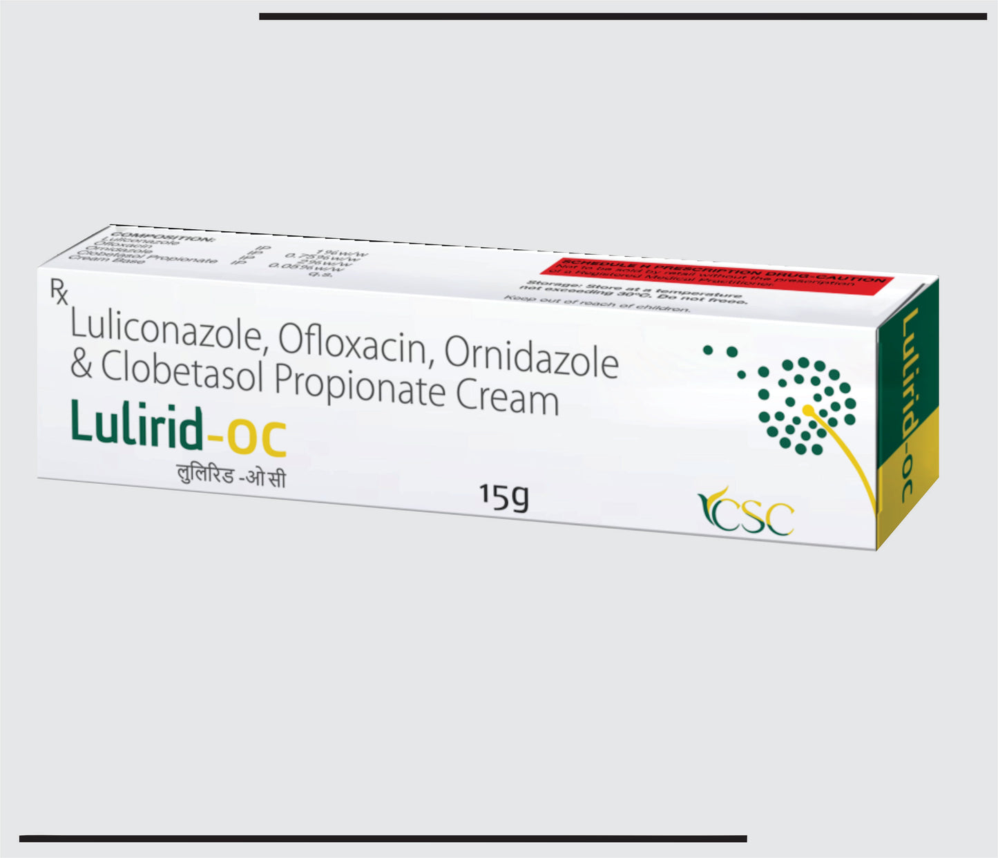Lulirid OC  (15g ) Luliconazole IP 1% + Ofloxacin IP 0.75% + Ornidazole IP 2% + Clobetasol Propionate IP 0.05% by CSC1