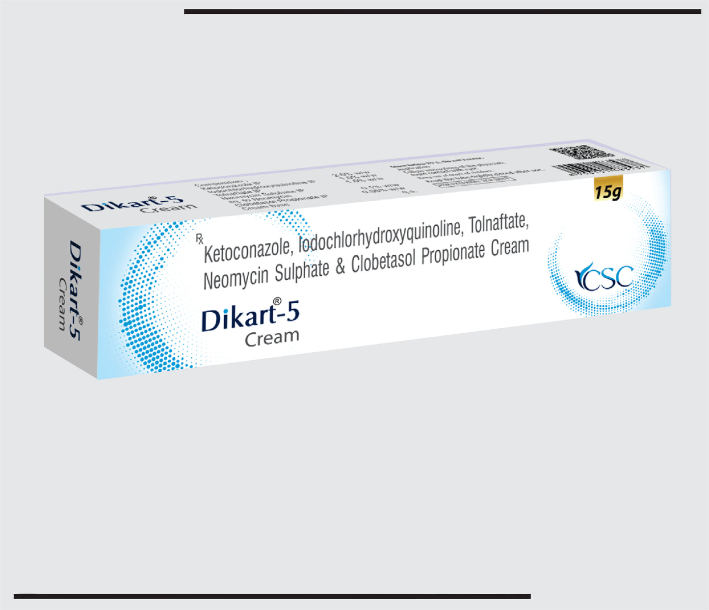 Dikart-K 5  (15g) Ketoconazole 2.0% w/w + Iodochlorhydroxyquinoline 1.0% w/w + Tolnaftate 1.0% w/w + Gentamicin 0.10% w/w + Clobetasole Propionate 0.05% w/w by CSC