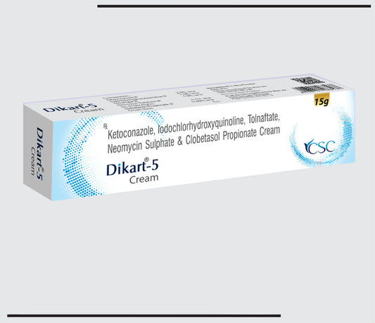 Dikart-K 5  (15g) Ketoconazole 2.0% w/w + Iodochlorhydroxyquinoline 1.0% w/w + Tolnaftate 1.0% w/w + Gentamicin 0.10% w/w + Clobetasole Propionate 0.05% w/w by CSC