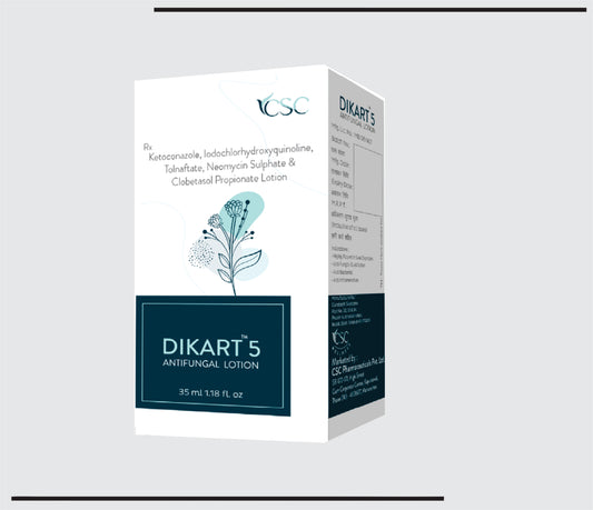 Dikart 5 Lotion (35ml) Ketoconazole 2.0% w/v + Iodochlorhydroxyquinoline 1.0% w/v + Neomycin 0.10% w/v + Tolnaftate 1.0% w/v + Clobetasole Propionate 0.05% w/v by CSC