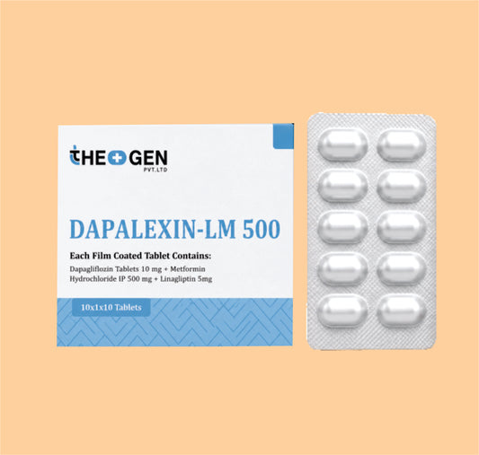 DAPALEXIN-LM 500 (10x1x10) Each Film Coated Tablet Contains: Dapaglifozin Tablets 10 mg + Metformin Hydrochloride IP 500 mg + Linagliptin 5mg by Theon