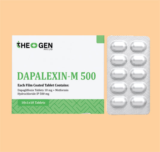 DAPALEXIN-M 500 (10x1x10) Each Film Coated Tablet Contains: Dapaglifozin Tablets 10 mg + Metformin Hydrochloride IP 500 mg by Theon
