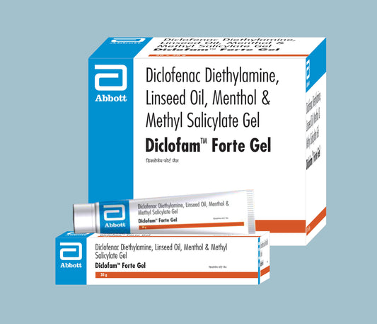 DICLOFAM FORTE GEL TUBE 30gm ( Diclofenac Sodium 1.0 % w/w, Virgin Linseed Oil 3% Methyl Salicylate
10% w/w, Menthol 5% w/w, Benzyl Alcohol 1% w/w ) by Abbott