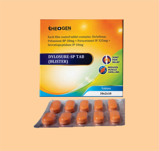 DYLOSURE-SP TAB (BLISTER) (20x10) Each film coated tablet contains: Diclofenac Potassium BP 50mg + Paracetamol IP 325mg + Serratiopeptidase IP 10mg  by Theon