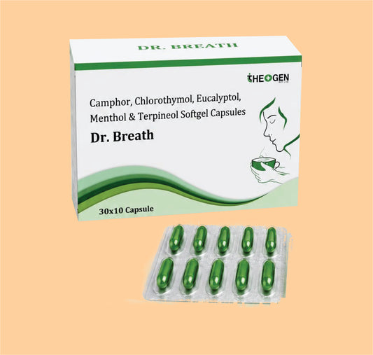 Dr. Breath (30x10 ) Each soft geletin capsule contains: Comphor, Chlorothymol, Eucalyptol, Menthol & Terpineol Softgel Capsules by Theon