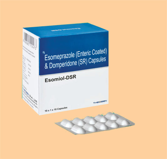 ESOMIOL-DSR CAP (WITH MONO) (10x1x10) Each Hard Gelatin Capsule Contains: Esomeprazole 40mg(EC Pellets)+ Domperidon 30mg (SR Pellets) by Theon