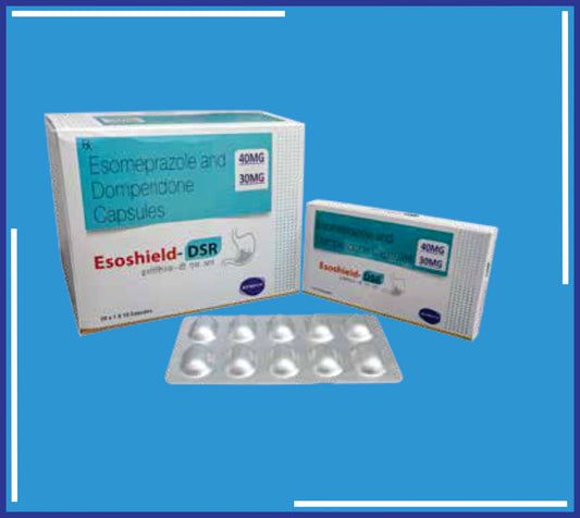 Esoshield Dsr Cap ( Esomeprazole 40Mg (As Gastro-Resistant Pellets) Domperidone Ip 30Mg (As Prolonged – Release Pellets) ) pack 20x1x10 by Kemsyn