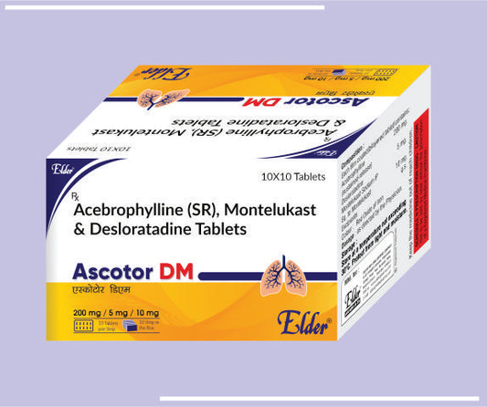 ASCOTOR DM TABS (10X10) Acebrophylline 200mgSR,Montelukast 10mg,Desloratidine 5mg by Elder