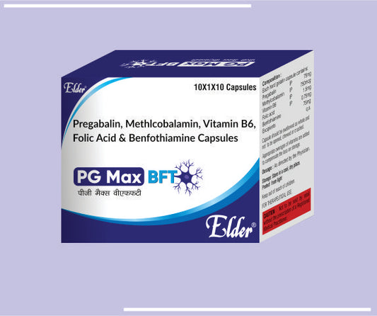 PG MAX BFT CAPS (750MG/75MG/1.5MG/0.75MG (10X1X10) Methycobalamin 750mcg,Pregabalin 75mg,Vitamin B6 1.5mg,Folic Acid 0.75 mg,Benfothiamine 7.5mg by Elder